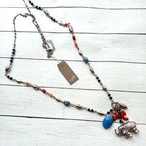 NEW NWT J. Jill Red Blue Silver Elephant Charm Long Pendant Necklace $49 Retail